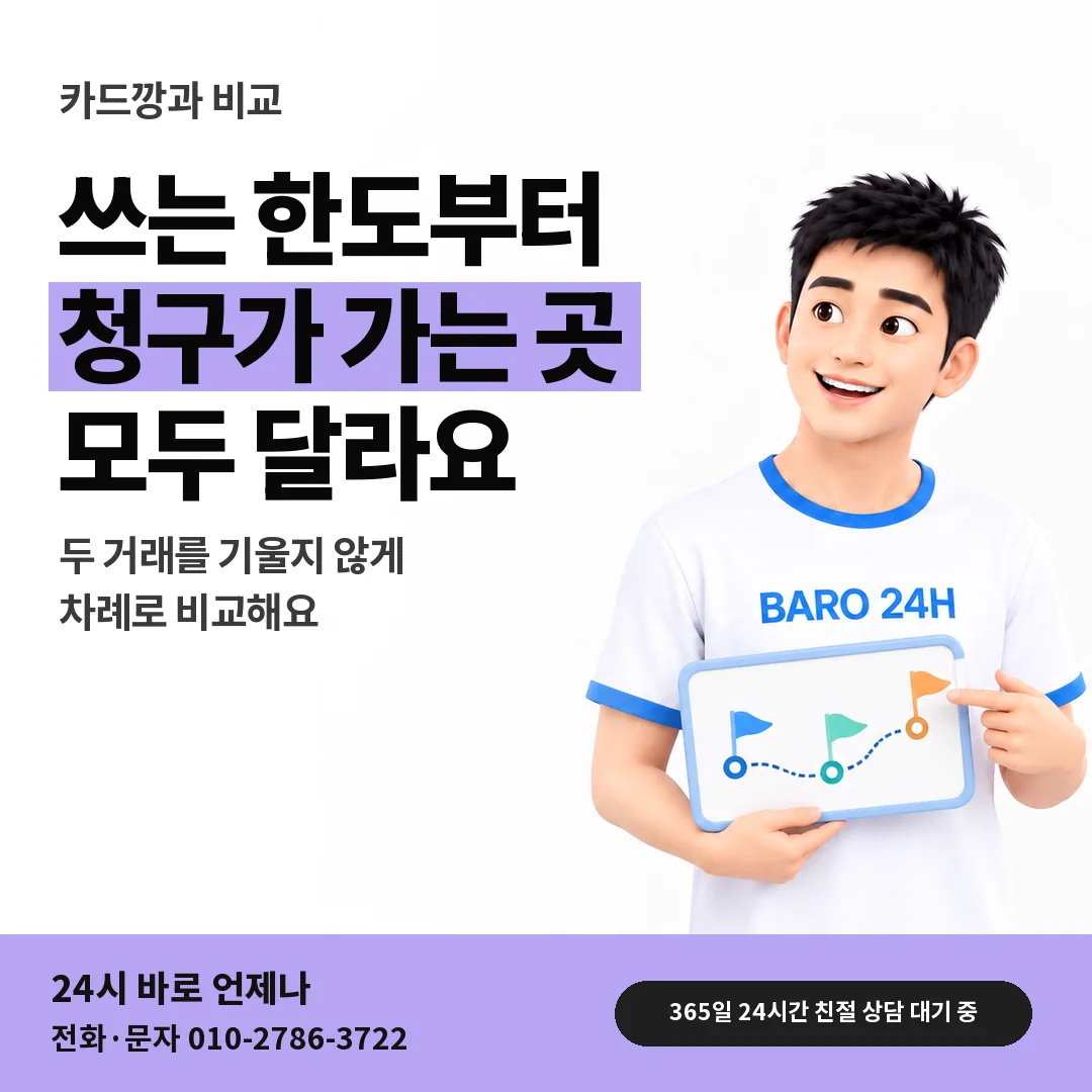 BARO 24H 티셔츠를 입은 3D 인물 옆에 「카드깡과 다른 점」 제목을 얹은 안내 카드