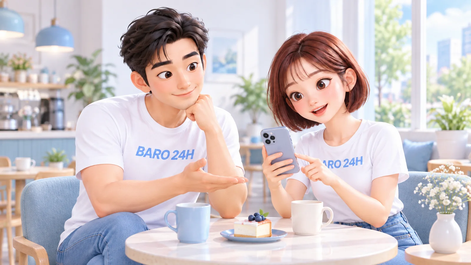 카페 같은 밝은 방에서 휴대폰과 노트북으로 상담 내용을 함께 보는 BARO 24H 티셔츠 차림의 3D 인물